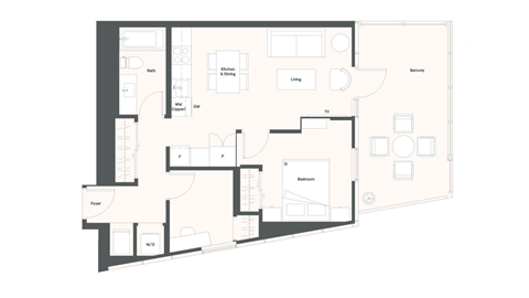 Floor plan for 1 bed, 1 bath, 649 sqft